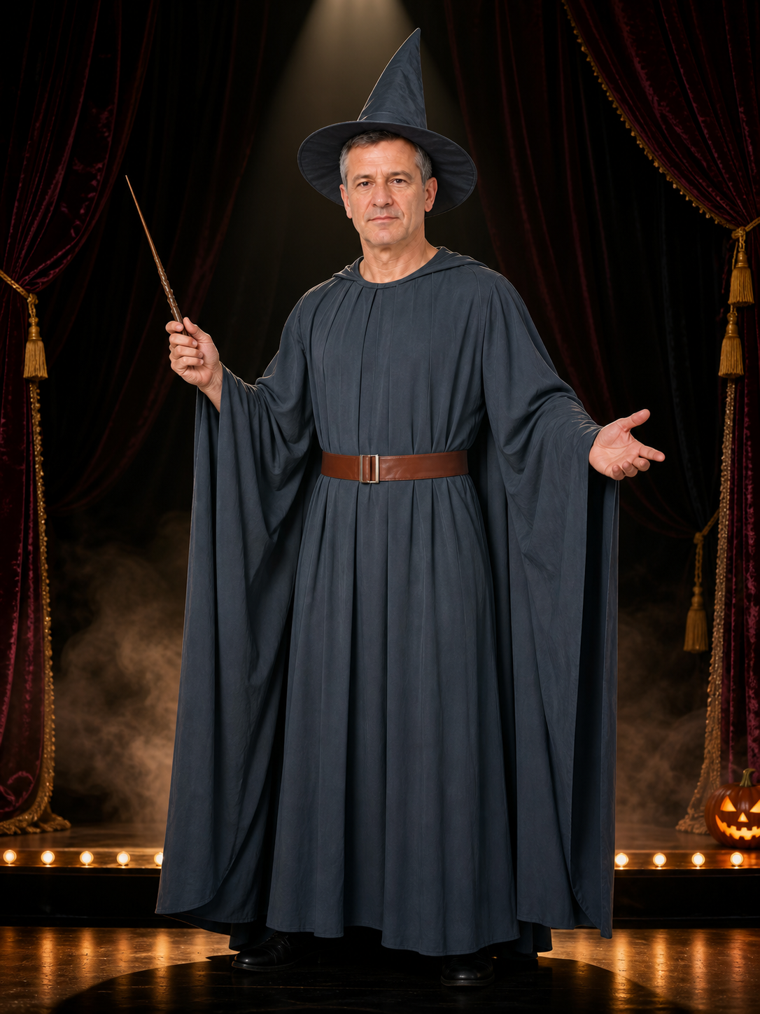 Unisex Wizard Costume Set With Dark Gray Robe, Pointed Hat, Belt, And Cape Costume Capes detail 3
