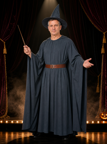 Unisex Wizard Costume Set With Dark Gray Robe, Pointed Hat, Belt, And Cape Costume Capes detail 3