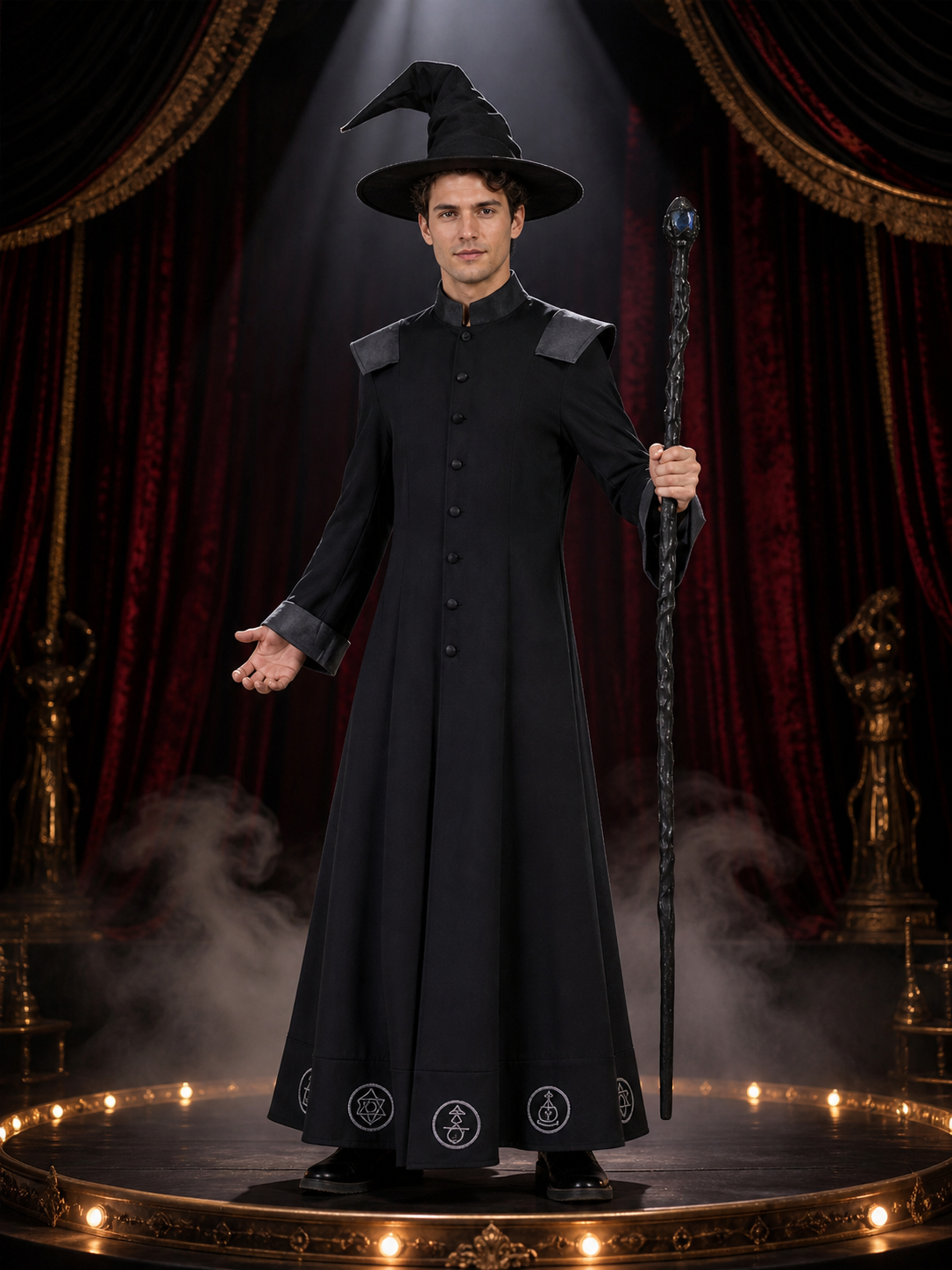 Black Witch Robe Costume Set with Pointed Wide-Brim Hat and Printed Magic Costume Headwear detail 3