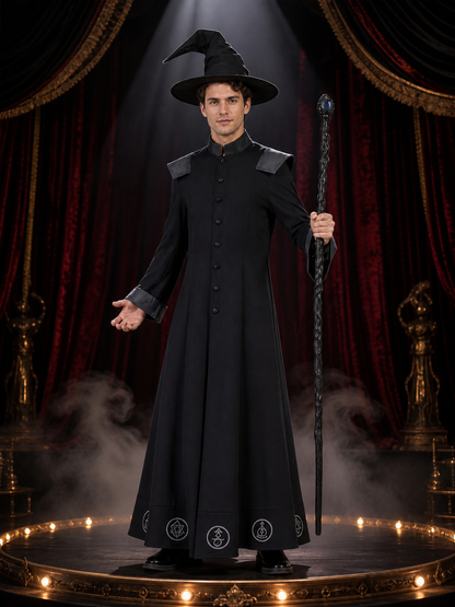 Black Witch Robe Costume Set with Pointed Wide-Brim Hat and Printed Magic Costume Headwear detail 3