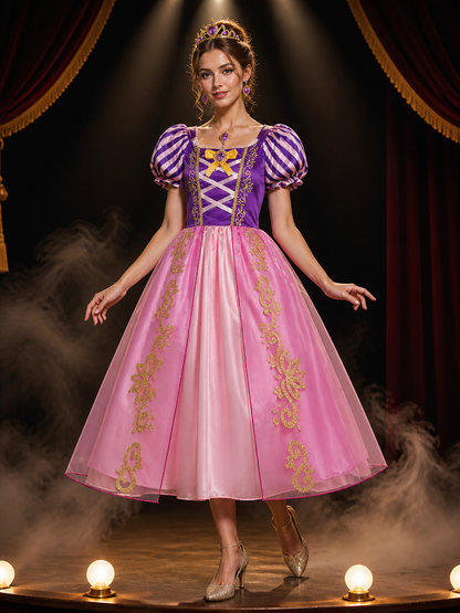 Girls Princess Halloween Costume Set with Crown and Magic Wand, Puff Sleeve Costume Headwear detail 3