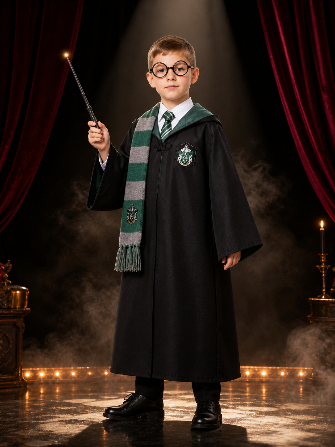 Green Wizard Costume Set, Hooded Robe With Tie, Scarf, Glasses & Wand Costume Accessories detail 3