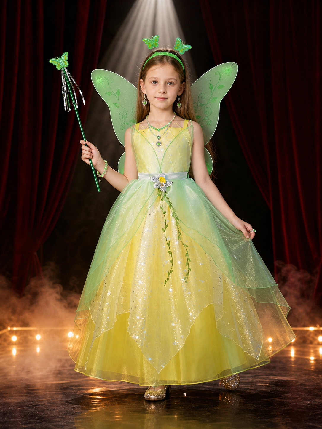 Girls Tiana Princess Costume Dress Set with Butterfly Wings and Sparkly Details Costume Dresses detail 3