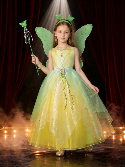 Girls Tiana Princess Costume Dress Set with Butterfly Wings and Sparkly Details Costume Dresses detail 3