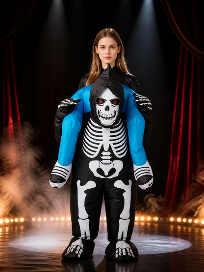 One-Piece Skeleton Costume with Head Mask, Blue Wings, and Attached Hands and Costume Masks detail 3