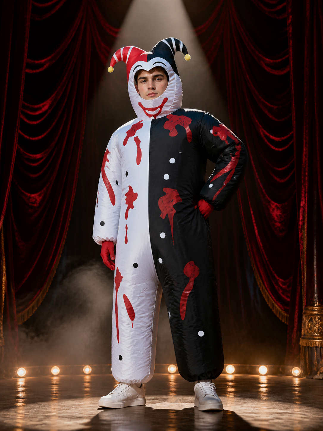 Black White Clown Jumpsuit Costume with Hat and Red Drip Design Costume Headwear detail 3