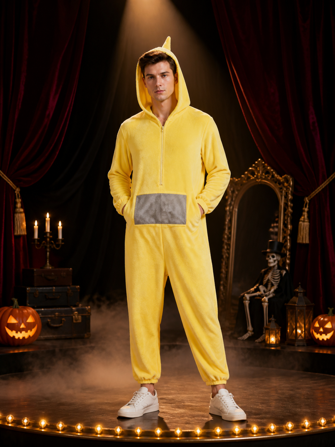 Adult Yellow Funny Cartoon Character Hooded Jumpsuit Halloween Party Costume Costumes detail 3