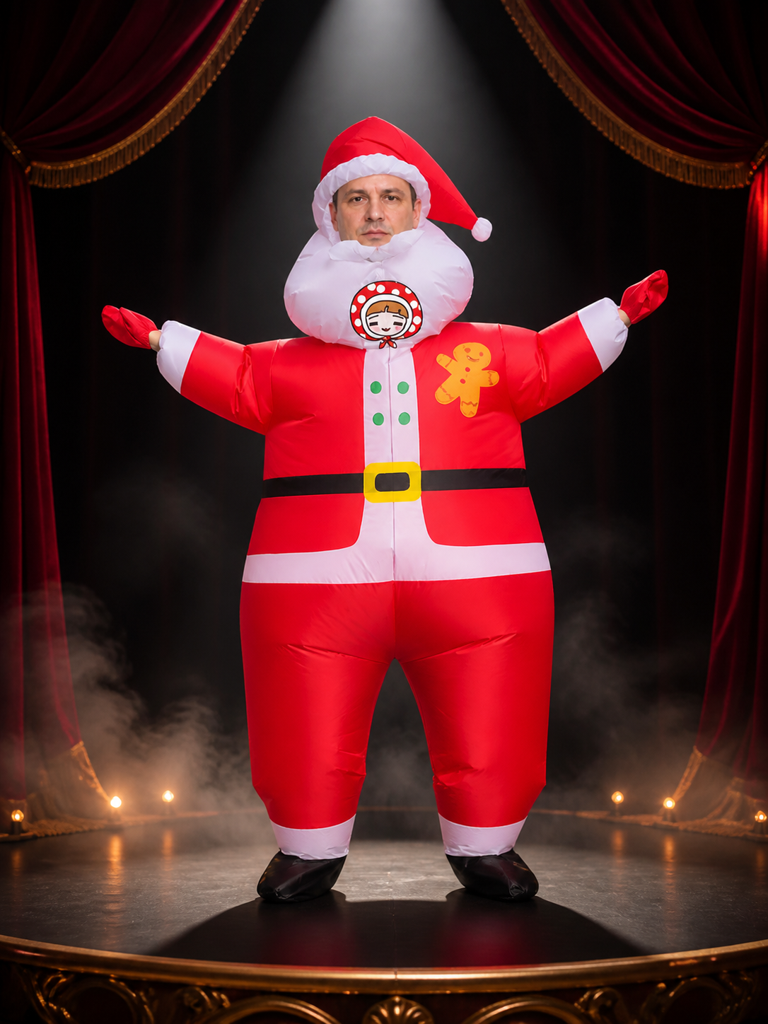 Inflatable Santa Claus Costume with Gingerbread Pattern - Red Christmas Jumpsuit Costumes detail 3