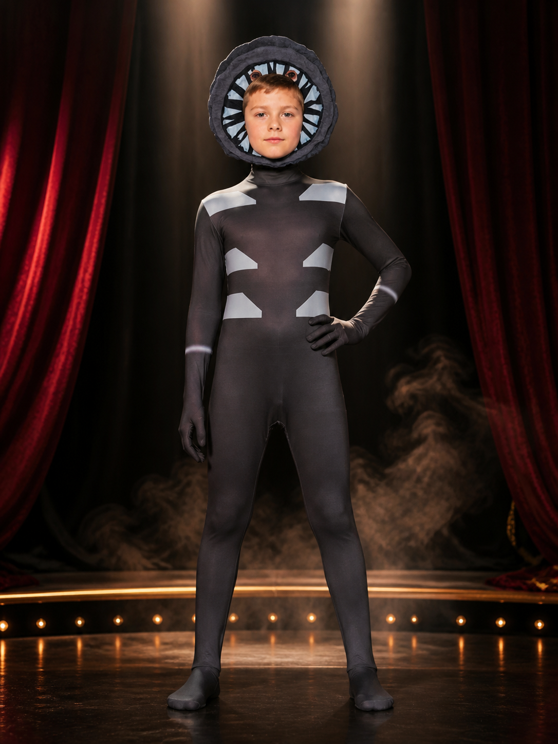 Children's Doors Themed Full Body Bodysuit Costume with Geometric Print Mask on-model stage scene view