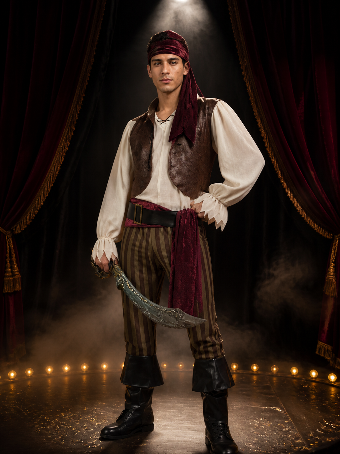 Adult Pirate Costume Set with Vest, Shirt, Striped Pants, Headscarf and Belt Costumes detail 3