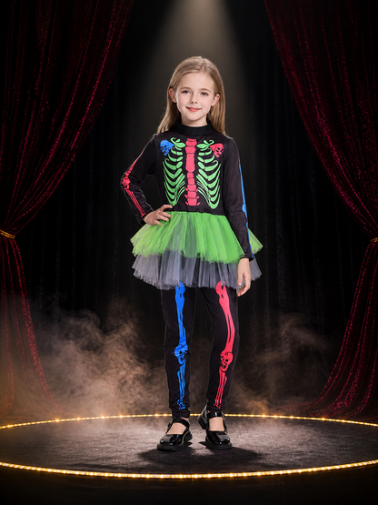 Girls Skeleton Bodysuit Costume with Mesh Tutu Skirt, Colorful Print Halloween Costumes detail 3