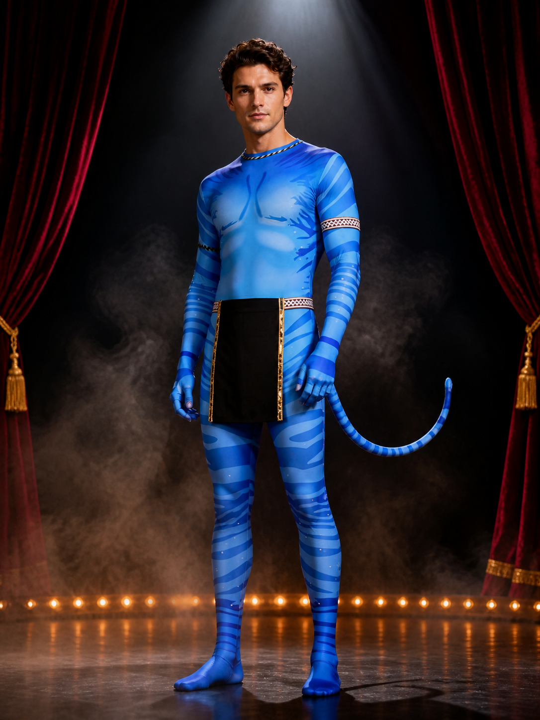 Blue Striped Alien Bodysuit Costume with Tail, Halloween Outfit
