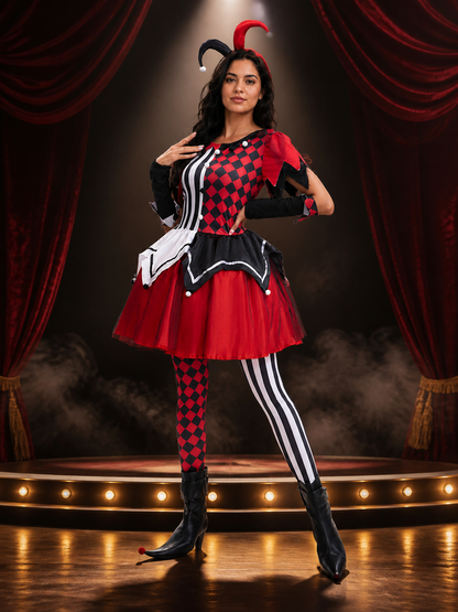 Scary Clown Circus Costume Dress, Red Black Checkered and Striped Print on-model stage scene view