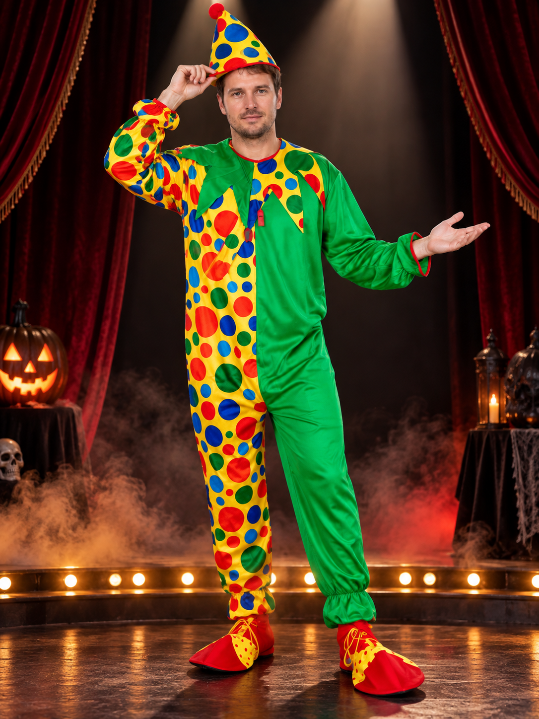 Green Polka Dot Clown Costume with Jumpsuit and Hat