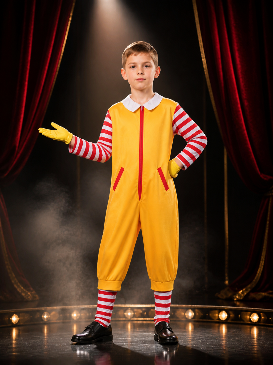 Yellow Clown Jumpsuit Costume, Red-White Striped Sleeves, Halloween Cosplay Costumes detail 3