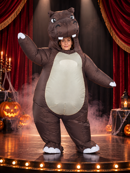 Inflatable hippo costume with white fangs and an open mouth