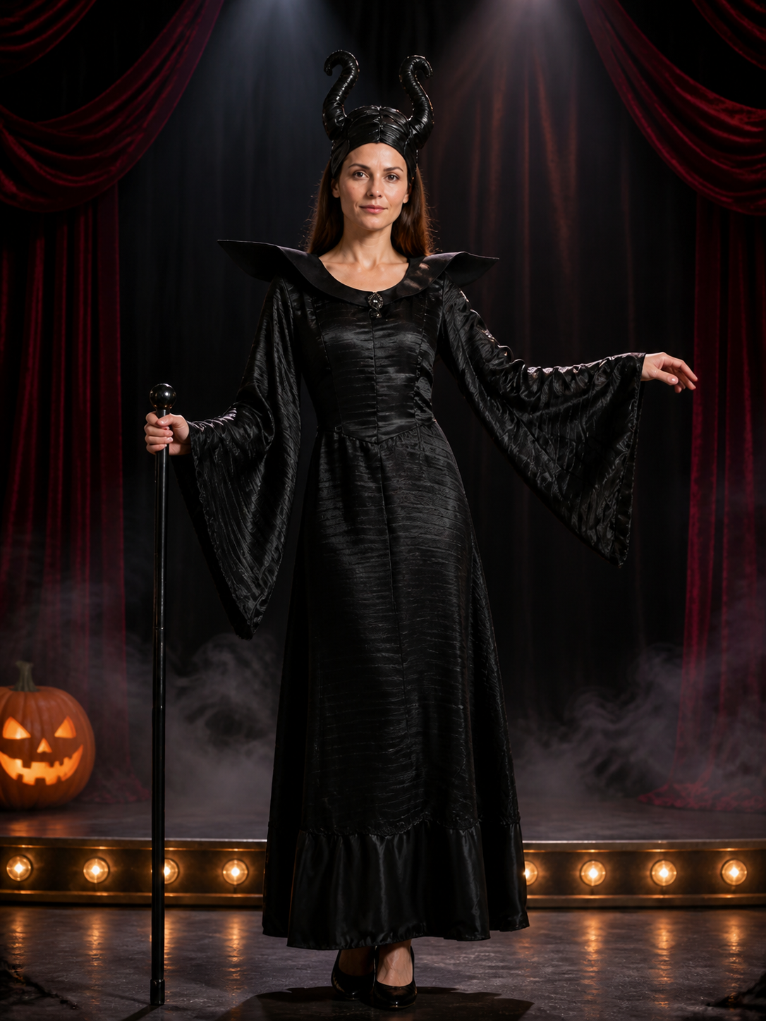Black Witch Costume Set with Hat, Long Sleeve Flare Dress Costume Dresses detail 3