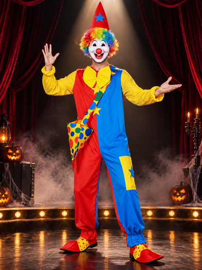 Bright clown costume: jumpsuit, mask, wig, hat