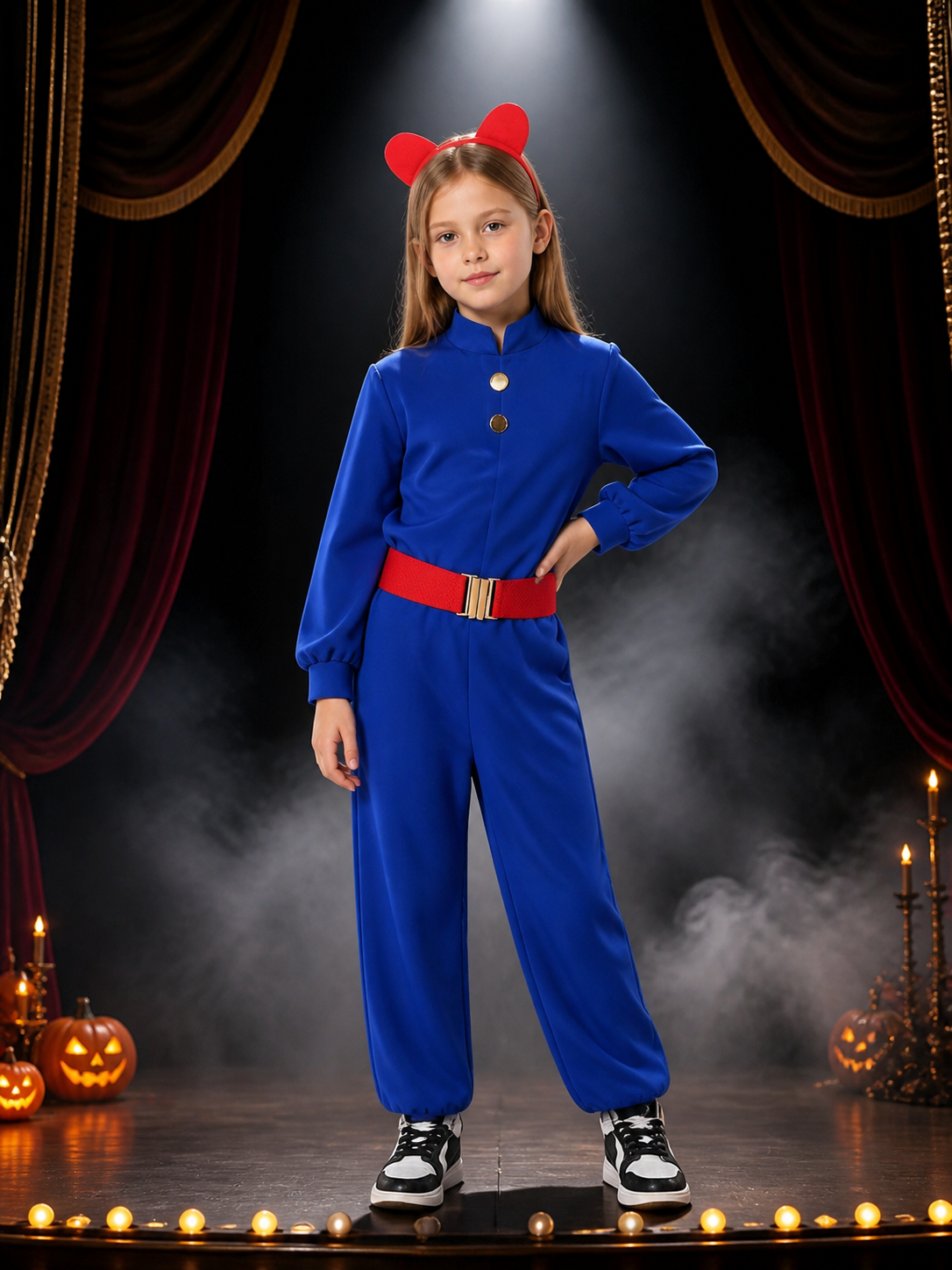 Kids Willy Wonka Blue Jumpsuit Costume Set with Red Ears Headband & Belt Costume Headwear detail 3