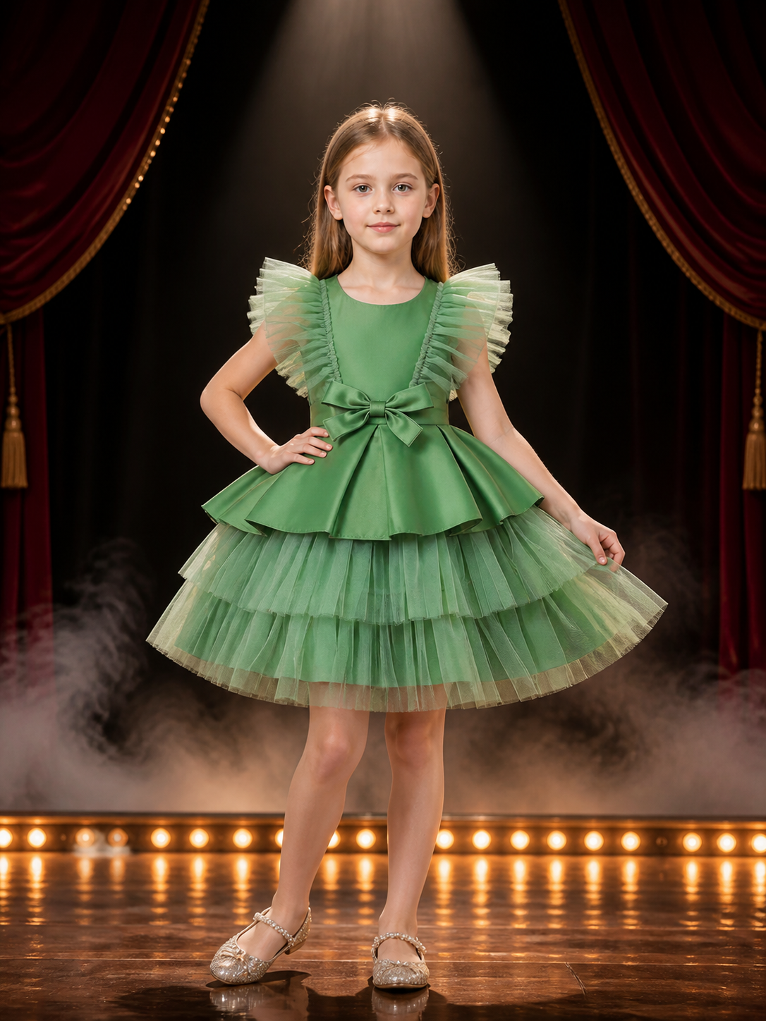 Girls' Green Princess Tulle Dress, Short Sleeve Bow Flower Girl Formal Dress Costume Dresses detail 3