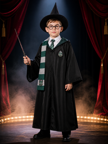 Green And Black Hooded Wizard Robe Costume Set With Hat, Glasses, Tie, Scarf And Costume Headwear detail 3