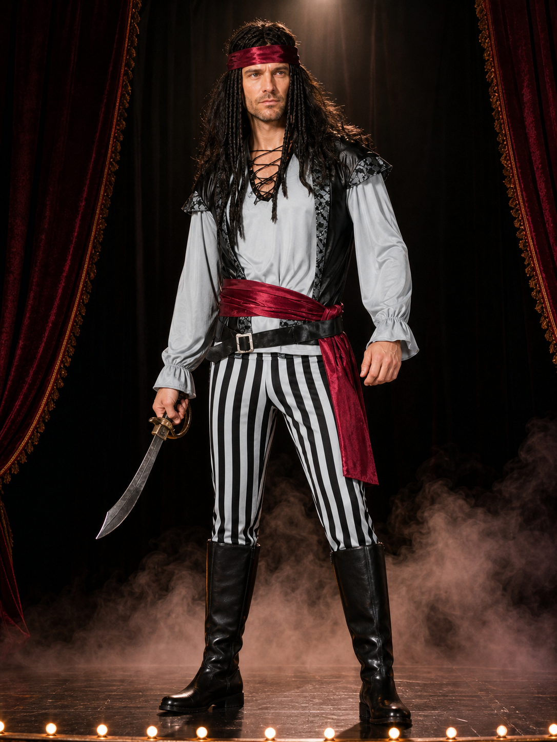 Adult Pirate Costume Set with Striped Pants, Vest, Shirt, Headscarf and Belts Costumes detail 3