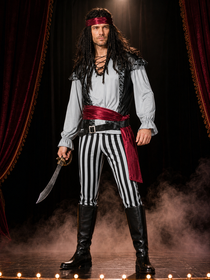 Adult Pirate Costume Set with Striped Pants, Vest, Shirt, Headscarf and Belts Costumes detail 3