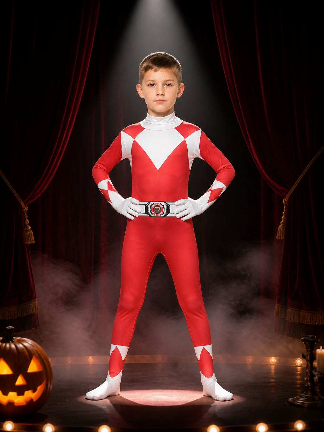 Red Ranger Cosplay Bodysuit Costume, Hooded Geometric Print on-model stage scene view