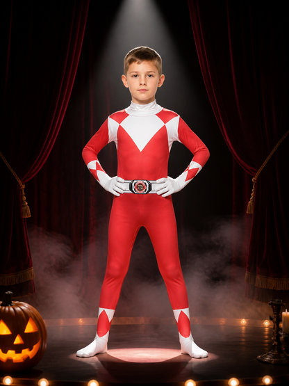 Red Ranger Cosplay Bodysuit Costume, Hooded Geometric Print on-model stage scene view