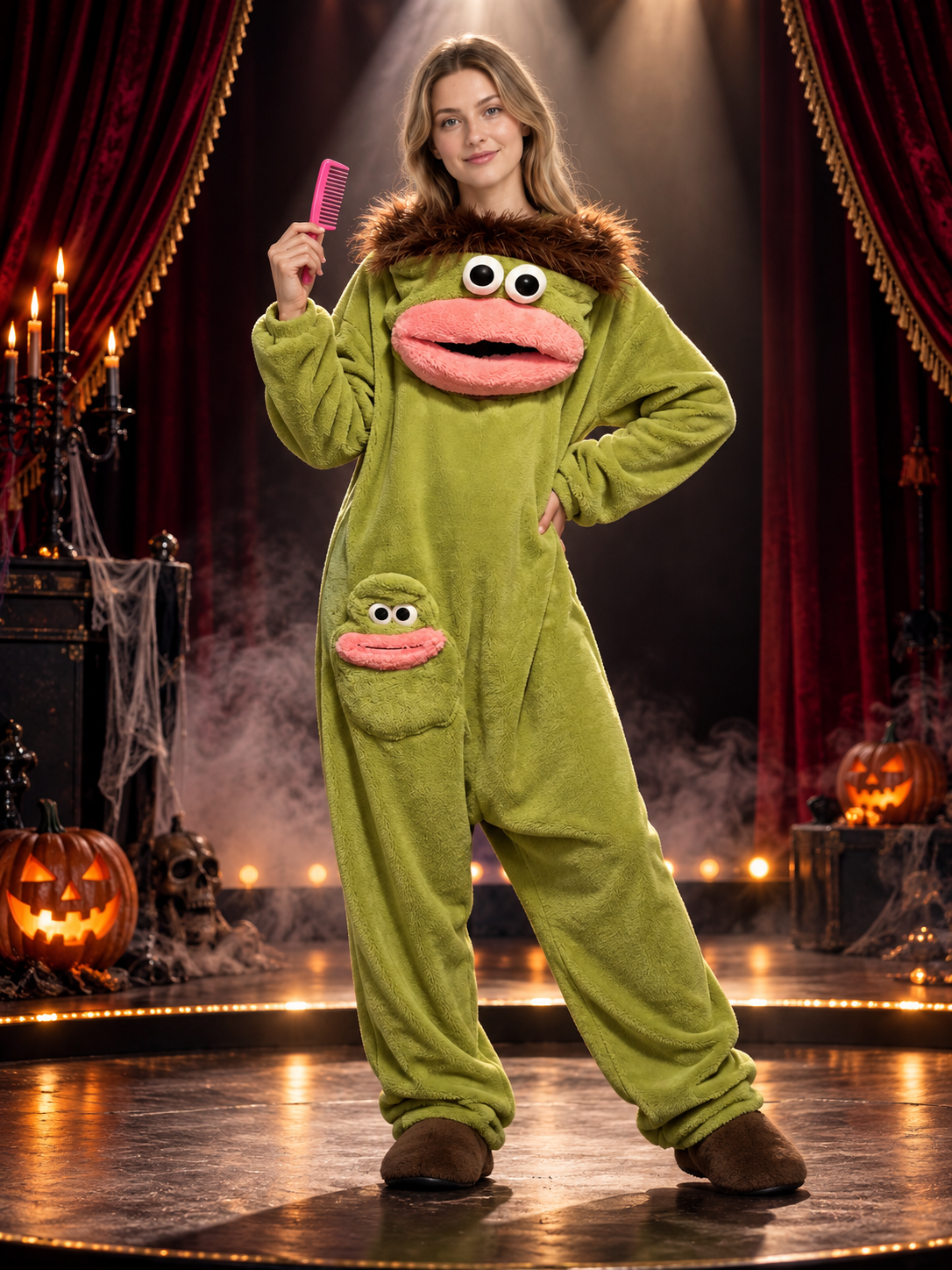 Olive green coral fleece pajama jumpsuit