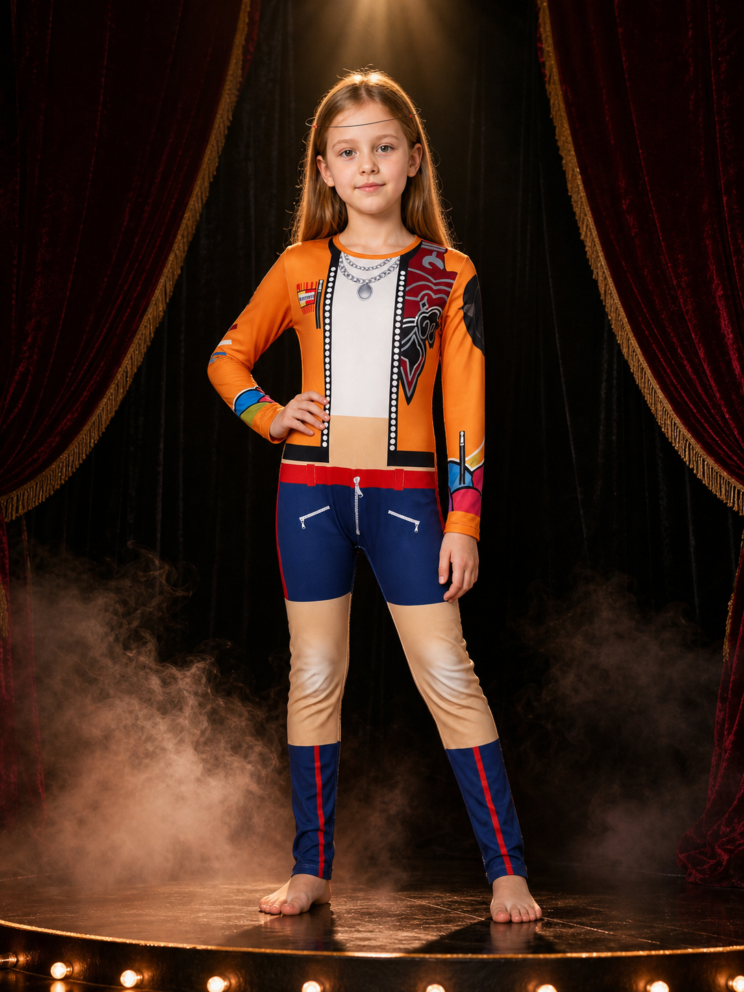 Kids' Huntress Girl Group Cosplay Jumpsuit, Colorful Patchwork One-Piece Costume on-model stage scene view