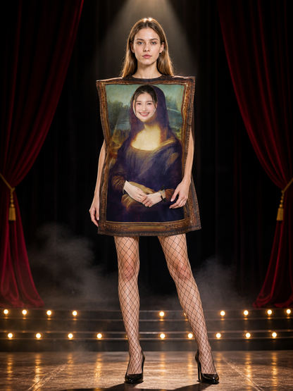 Funny Mona Lisa Costume Jumpsuit with Classic Painting Frame for Halloween Costumes detail 3