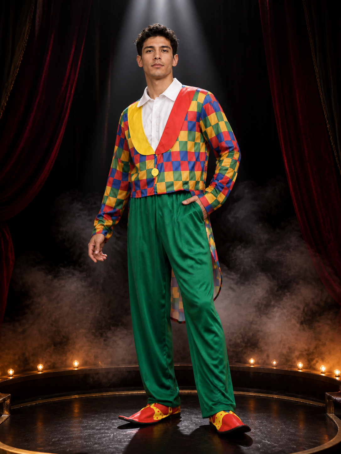 Adult Unisex Clown Circus Costume Set with Colorful Diamond Print and White Costumes detail 3
