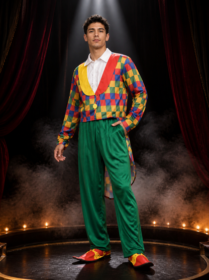 Adult Unisex Clown Circus Costume Set with Colorful Diamond Print and White Costumes detail 3