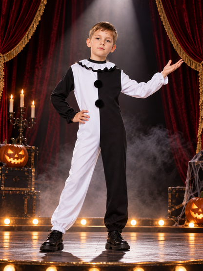 Black and white clown costume with pom-poms and ruffled collar