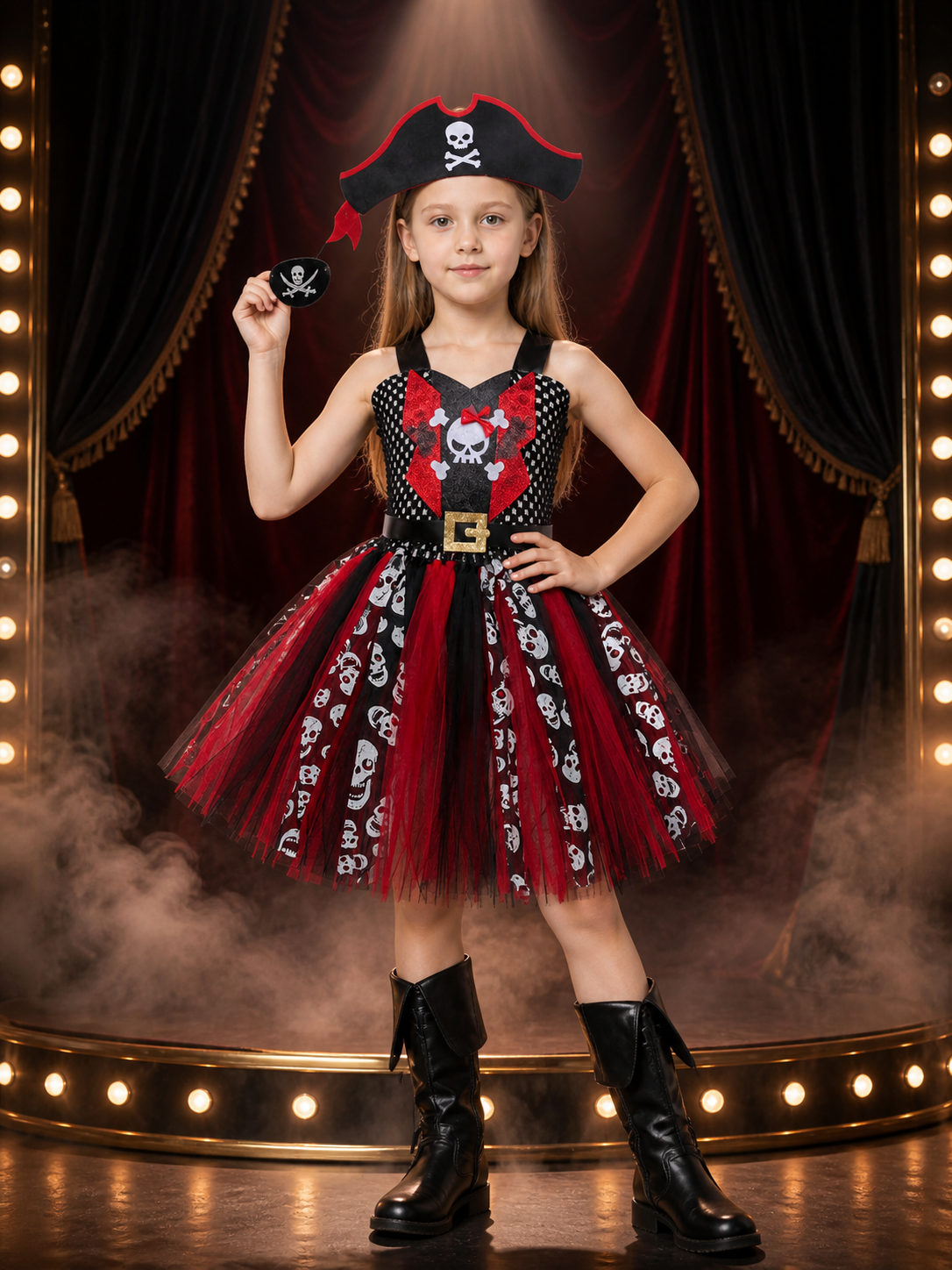 Kids Pirate Princess Dress Costume with Skull Pattern & Hat, Halloween Fancy Costume Dresses detail 3