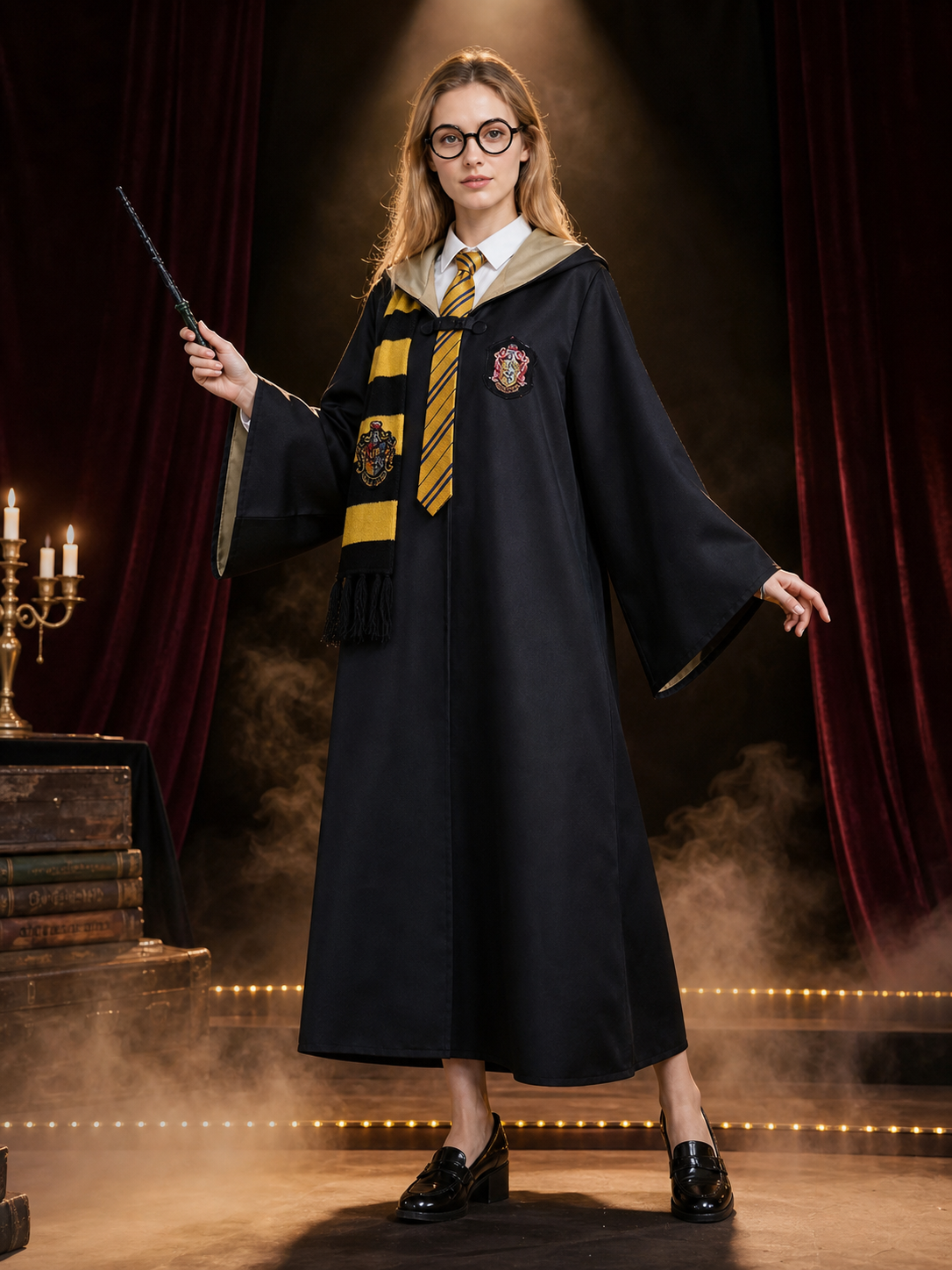 Wizard Halloween Costume Set - Hooded Robe with Scarf, Tie, Glasses, and Wand Costume Accessories detail 3