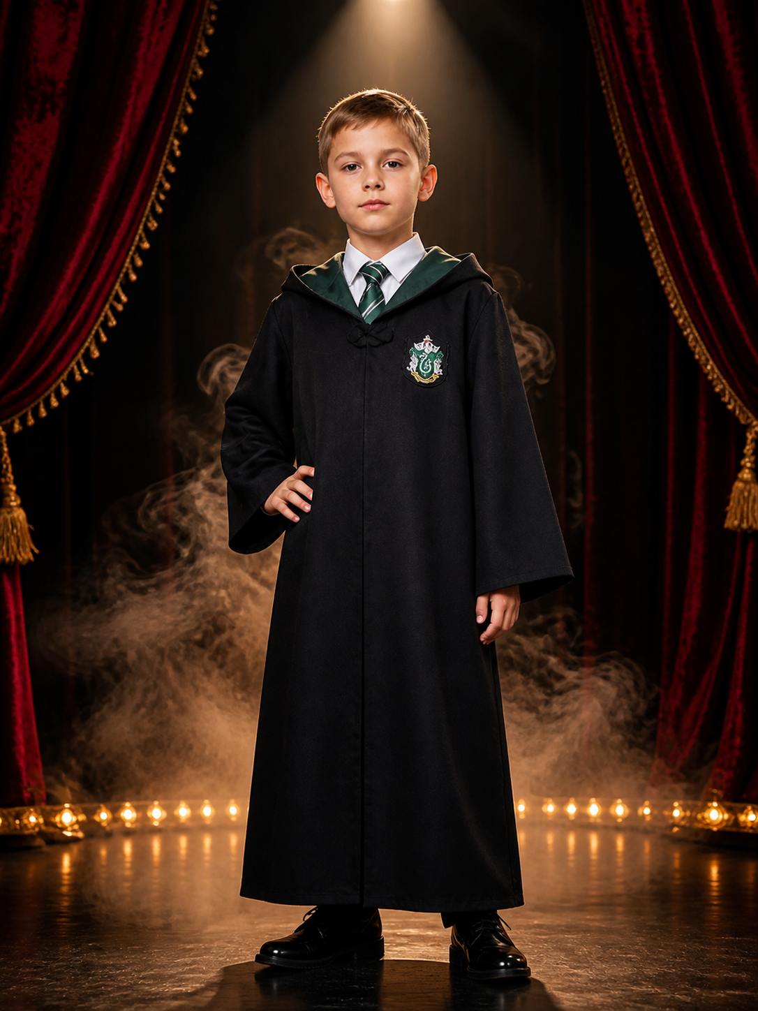 Deep Green Wizard Robe Costume Set, Hooded Button-Front Robe with Striped Tie Costumes detail 3