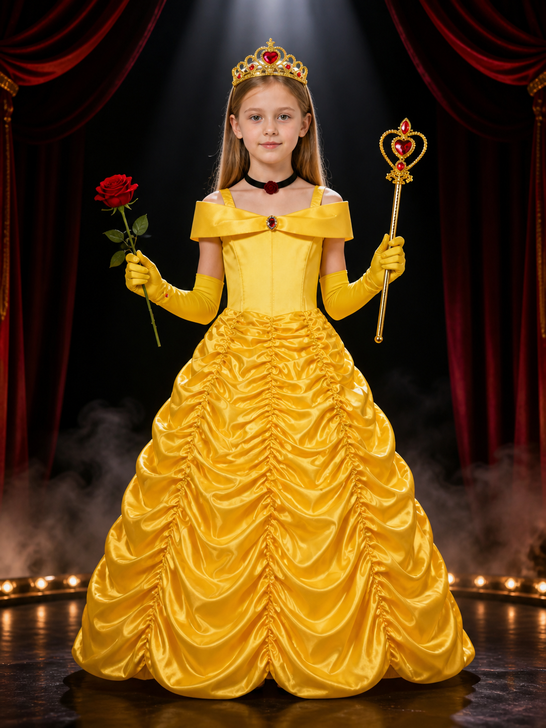 Kids Belle Princess Costume Dress Set With Crown, Gloves, Wand and Rose Costume Dresses detail 3