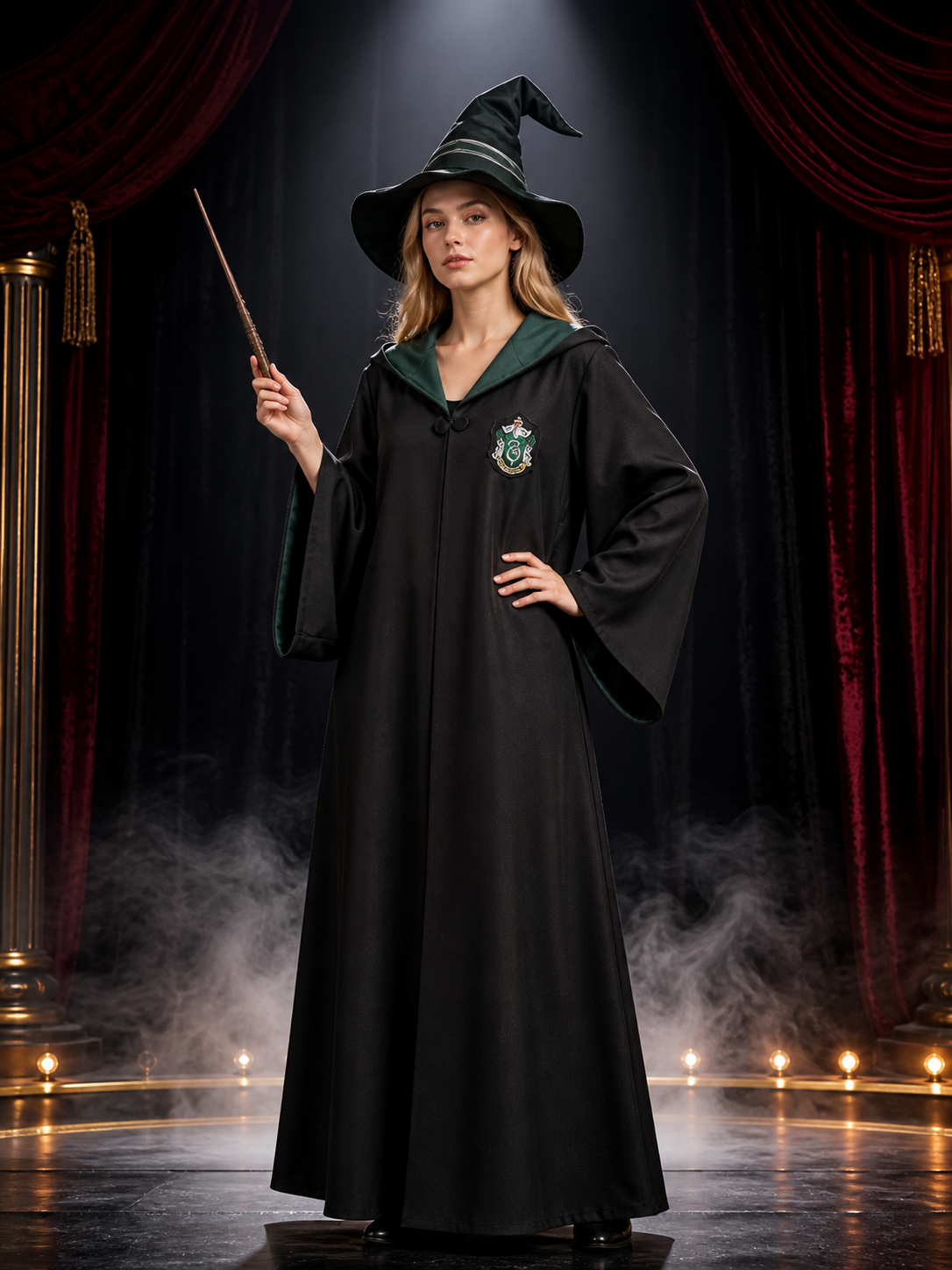 Green Wizard Costume Set with Hooded Robe, Pointed Hat and Wand Costume Headwear detail 3