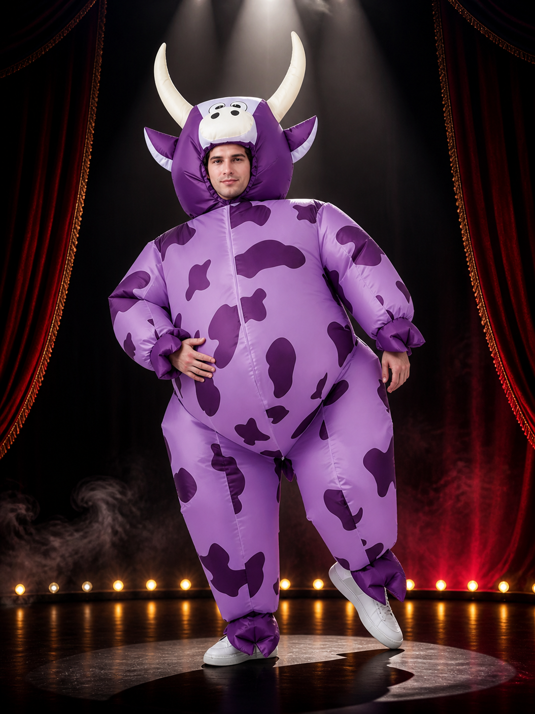 Purple Cow Onesie Costume, Hooded Animal Jumpsuit with Horns for Halloween Costumes detail 3