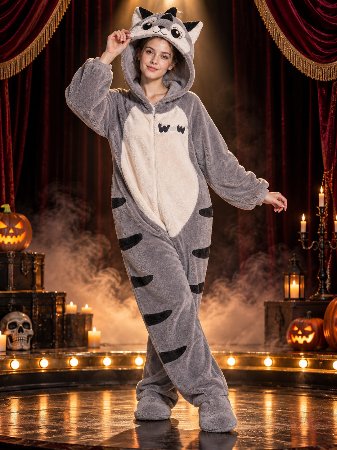 Gray hooded zip-up pajama jumpsuit with ears