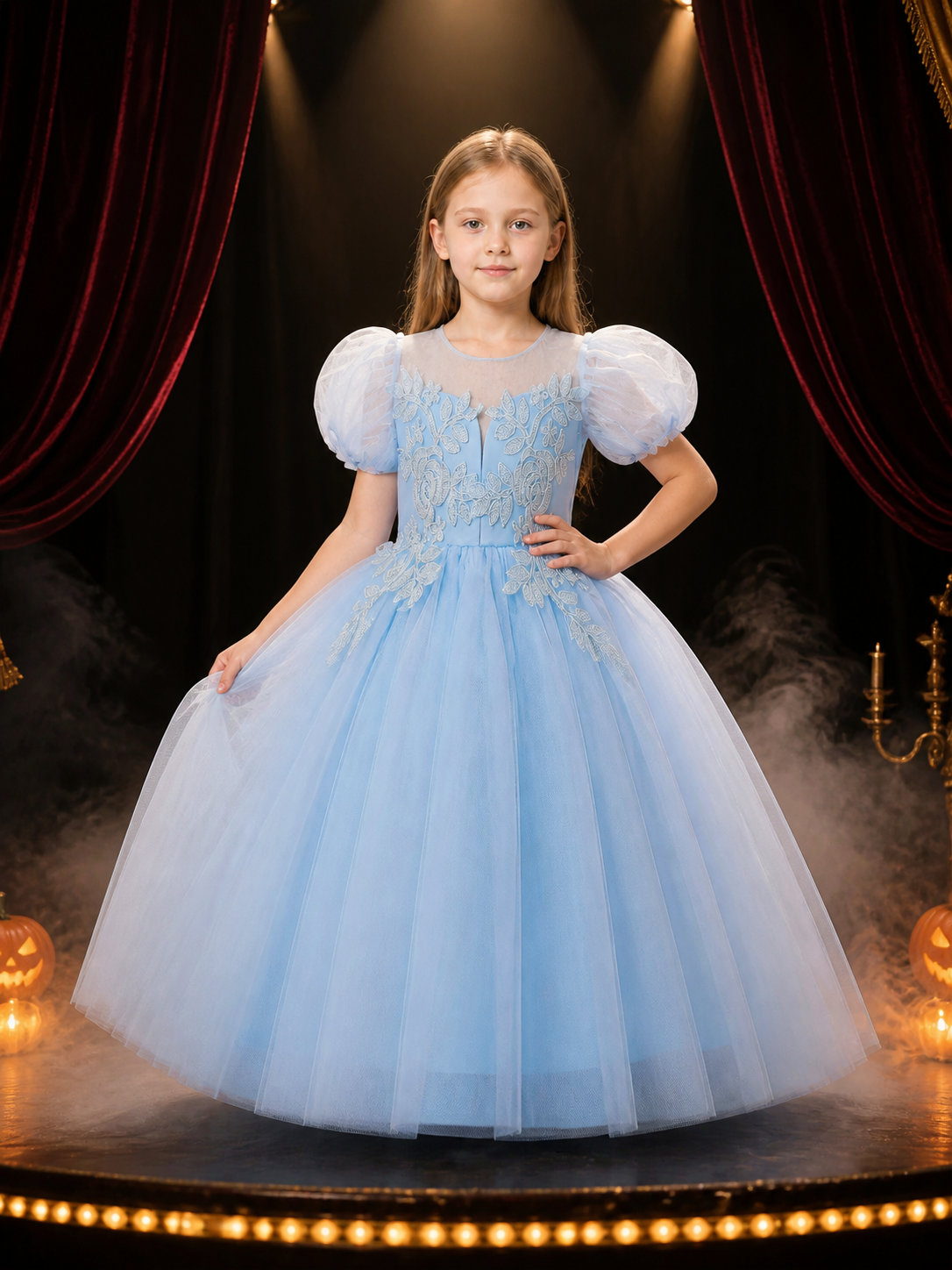 Girls' Light Blue Princess Dress with Puff Sleeves and Floral Embroidery Costume Dresses detail 3