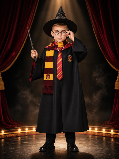 Kids Wizard Robe Costume Set, Hooded Cloak with Striped Scarf, Tie, Hat, Glasses