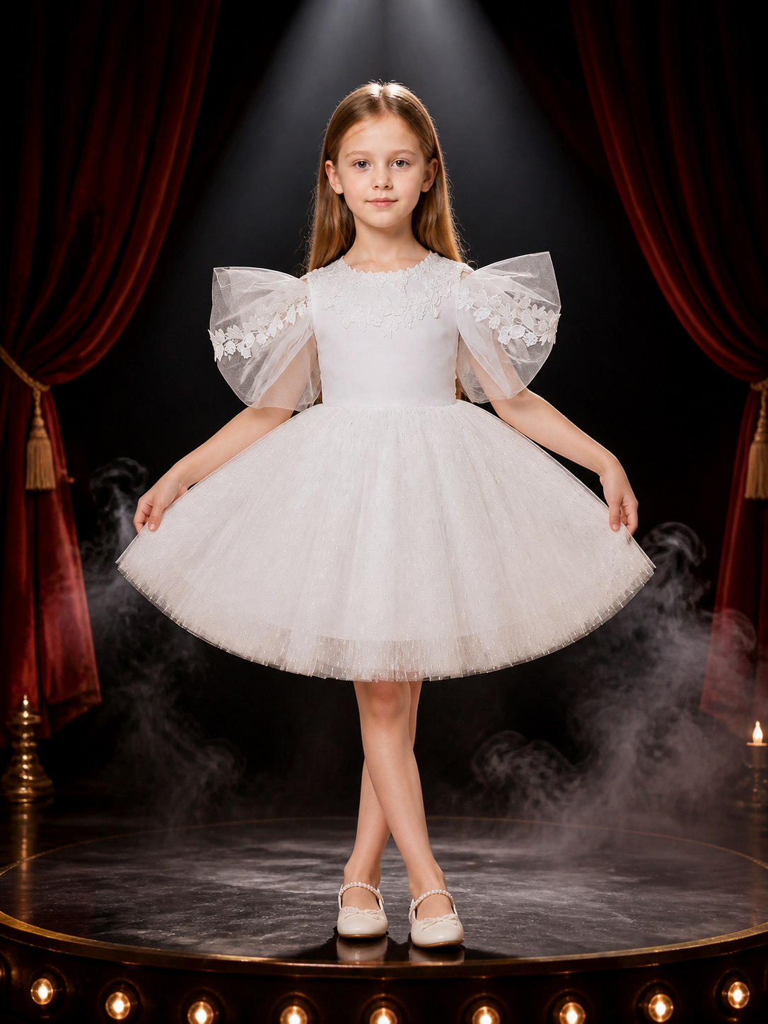 Baby Girls' White Princess Dress, Glitter Stripe Tulle Gown With Lace Appliques Costume Dresses detail 3