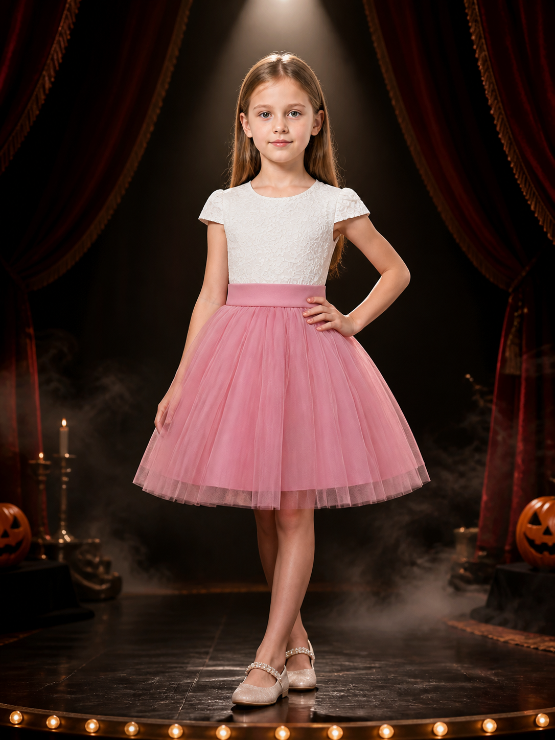 Girls' Princess Dress, Lace Bodice, Layered Tulle Skirt, Flutter Sleeves And Bow Costume Dresses detail 3