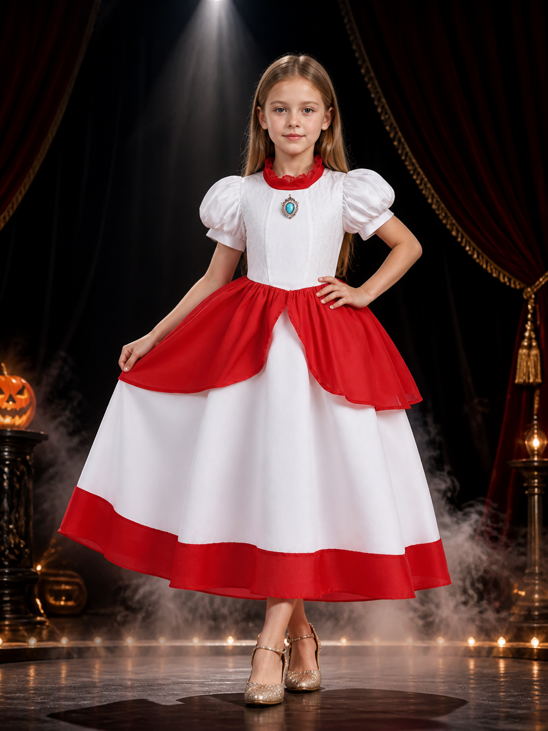 Girls Princess Costume Dress, White and Red Puff Sleeve Dress with Lace Collar Costume Dresses detail 3