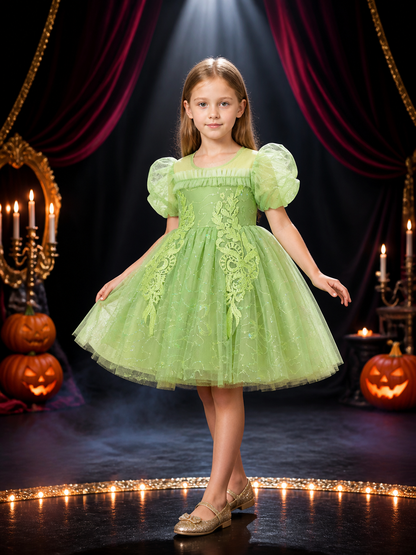 Girls' Mint Green Princess Dress with Puff Sleeves, Sequined Floral Embroidery Costume Dresses detail 3