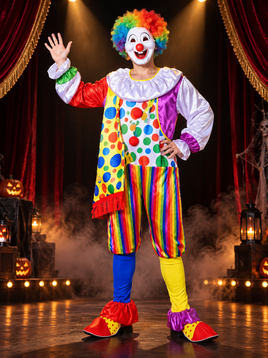 Clown Costume Jumpsuit with Wig and Mask, Multicolor