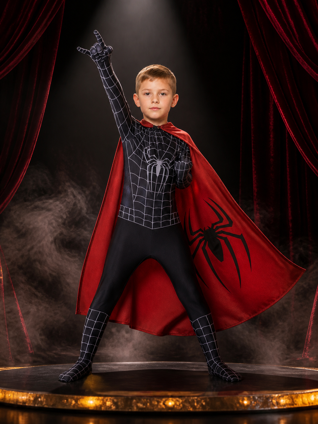 Black Spider-Themed Bodysuit Costume With Cape And Integrated Mask Costume Capes detail 3